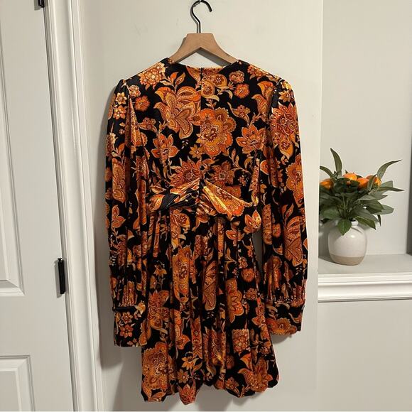 NWT DODO BAR OR Velvet Orange Black Floral Long Sleeve Mini Dress 44 8 - Picture 5 of 11